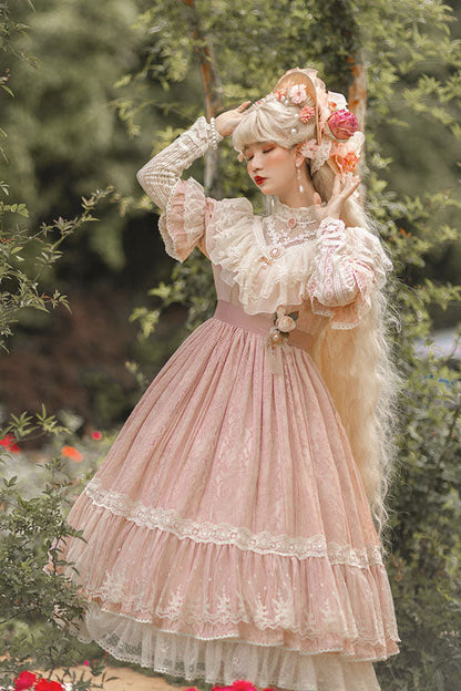 Elegant Vintage Rose Print Multi-Layer Ruffled Sweet Lolita OP Dress