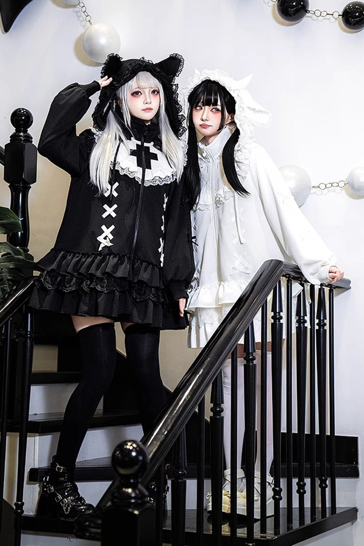 White Long Sleeves Ruffle Zipper Sweet Handsome Lolita Sweatshirt Coat