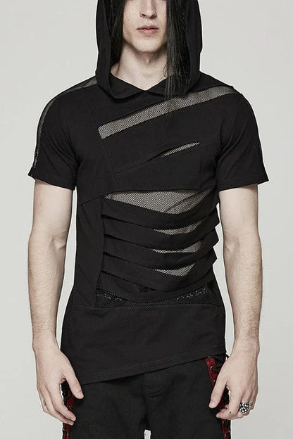 Black Short Sleeves Stitching Hooded Mesh Ripped Mens Steampunk T-Shirt