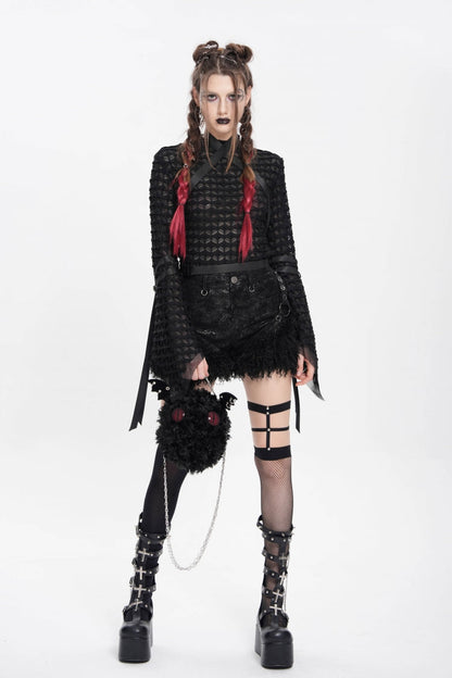 Black Stand Collar Long Sleeves Mesh Buckle Straps Women's Punk Blouse