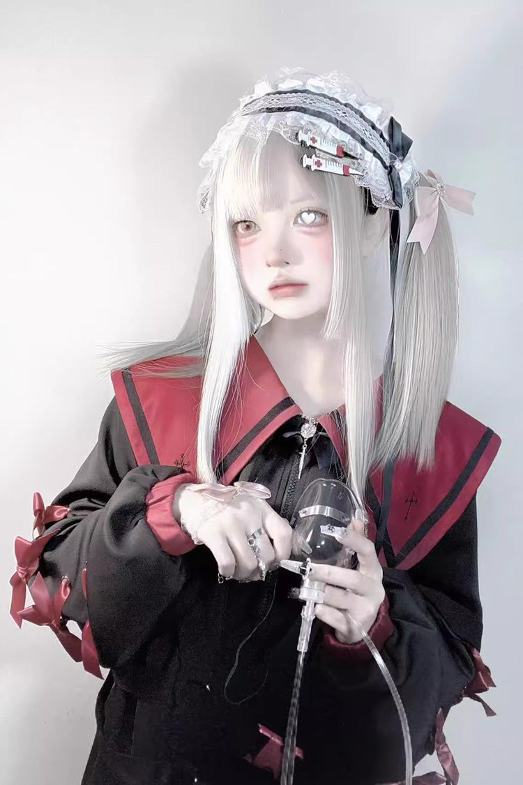 Sailor Collar Long Sleeves Cross Print Bowknot Sweet Jirai Kei Coat 3 Colors