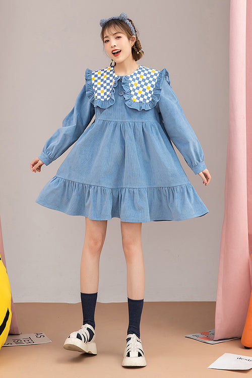 Blue Plaid Print Doll Collar Long Sleeves Ruffled Corduroy Sweet Lolita OP Dress