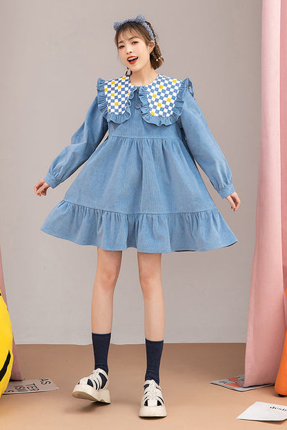Blue Plaid Print Doll Collar Long Sleeves Ruffled Corduroy Sweet Lolita OP Dress
