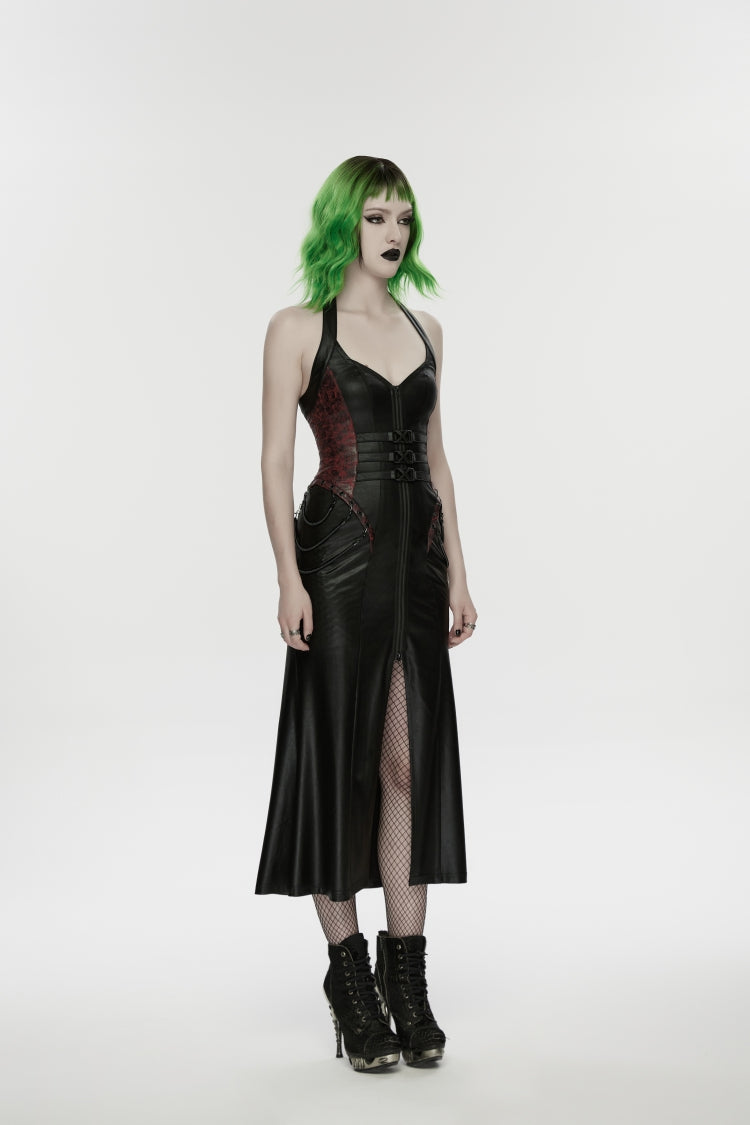 Black/Red Halterneck Sleeveless Lace-Up Slim Buckled Women's Punk Dress