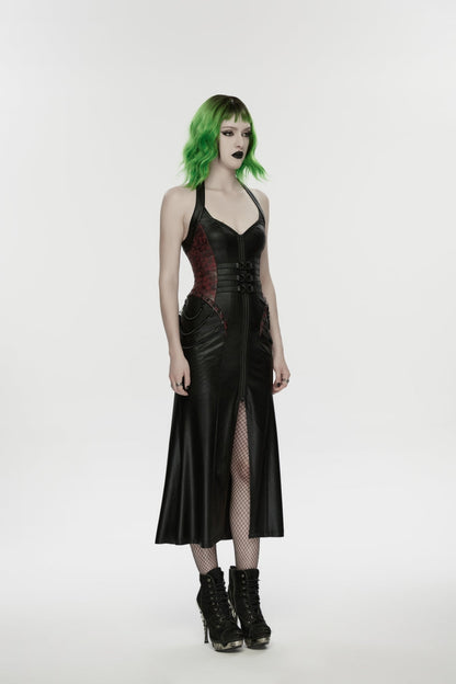 Black/Red Halterneck Sleeveless Lace-Up Slim Buckled Women's Punk Dress