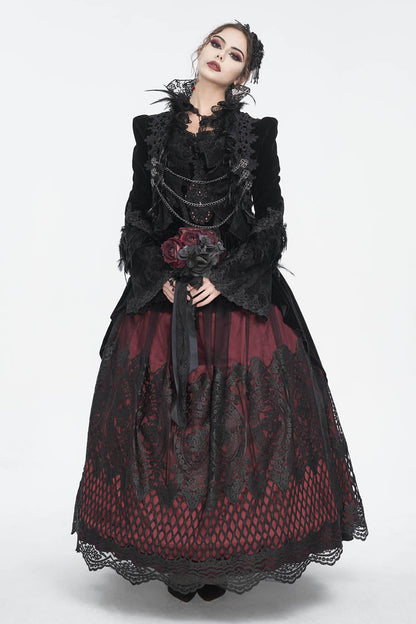 Black Stand Collar Trumpet Sleeves Embroidery Stitching Lace Women's Gothic Jacket