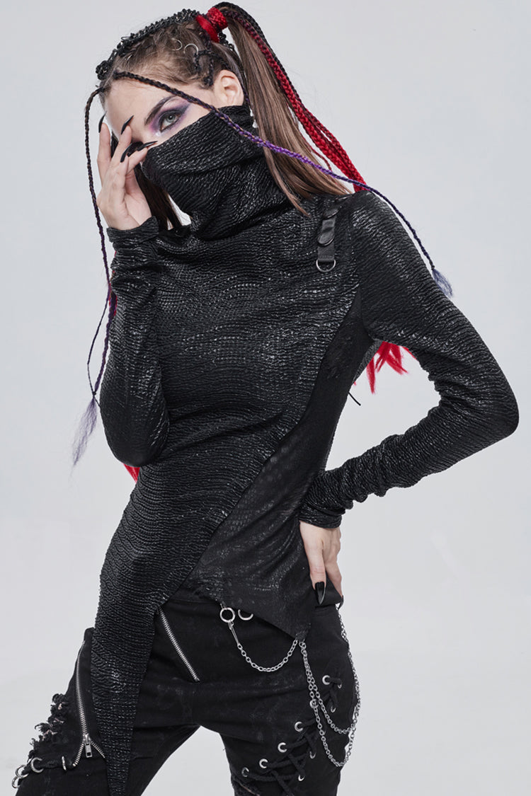 Black Punk High Neck Compressed Stretch Fabric Irregular Pointed Hem Pleated Women's Shirt