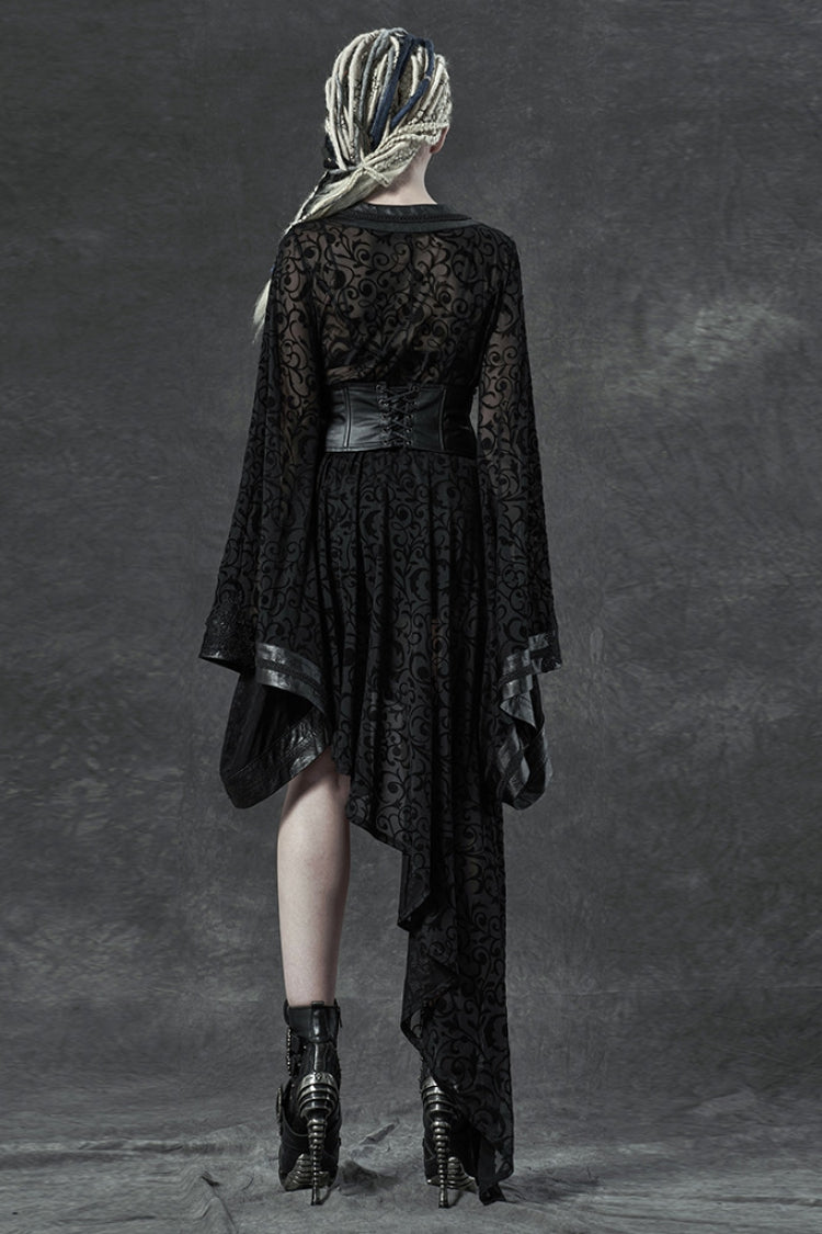 Black V Collar Long Trumpet Sleeves Embroidery Lace Girdle Irregular Womens Gothic Dress