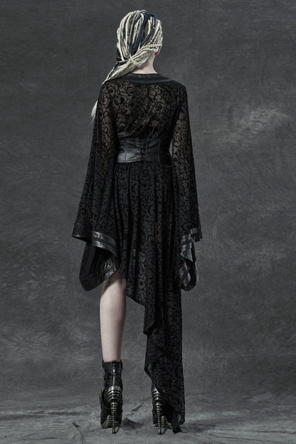 Black V Collar Long Trumpet Sleeves Embroidery Lace Girdle Irregular Womens Gothic Dress