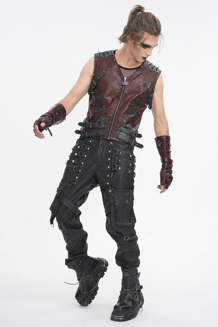 Red Studded Faux Leather Men's Punk Vest
