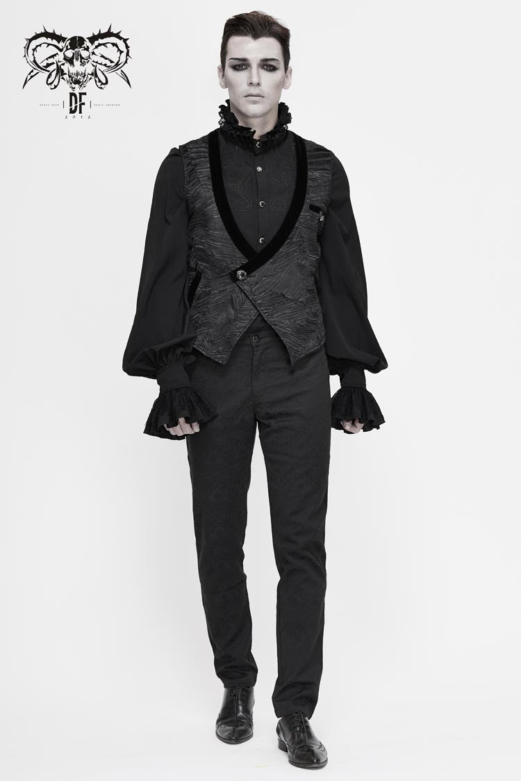 Black Velveteen Asymmetrical Pleated Splice Waist Loop Men's Gothic Waistcoat