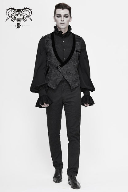Black Velveteen Asymmetrical Pleated Splice Waist Loop Men's Gothic Waistcoat