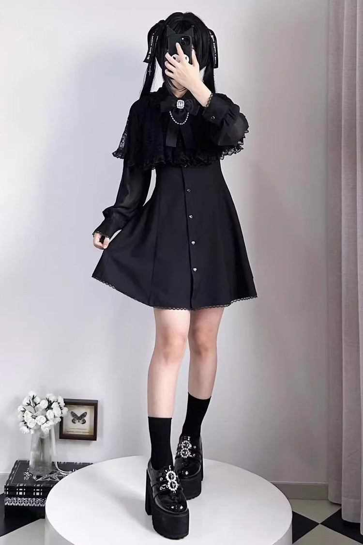 Black Shawl Lace Chiffon Long Sleeves Lace Slim Jirai Kei Dress