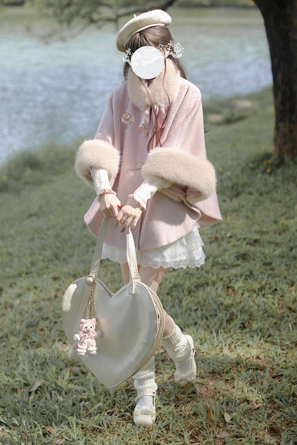 Pink Long Sleeves Lace Sweet Japanese Lolita Fluffy Cloak Coat