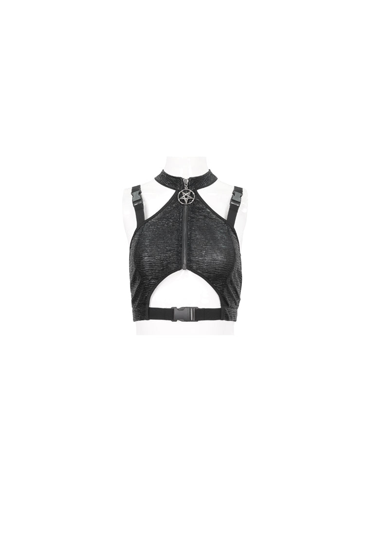 Black Slim Knit Mechanic Computer Moire Adjustable Women's Punk Halter Vest