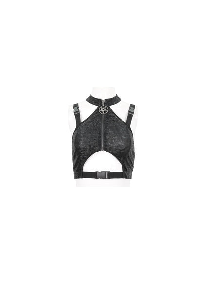Black Slim Knit Mechanic Computer Moire Adjustable Women's Punk Halter Vest