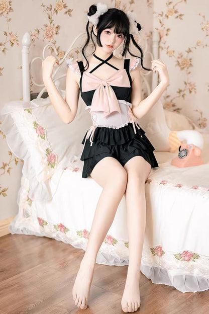 Black/Pink Summer Sweetheart Triple-Layered Ruffled Bow Sweet Lolita Bubble Swimsuit