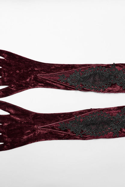 Red Floral Embroidery Lace-Up Women's Gothic Gloves
