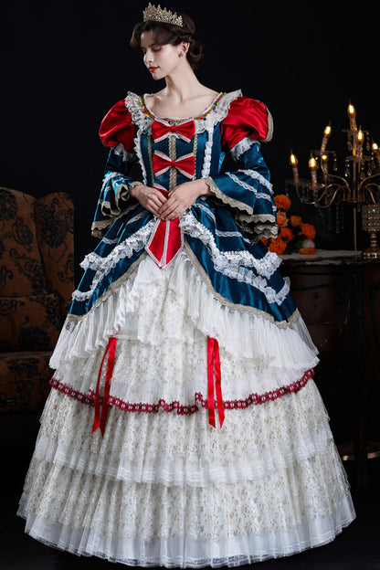 Blue/Ivory Round Collar Long Hime Sleeves Triple-Layered Ruffled Open-Front Bow Lace Classic Vintage Palace Lolita Victorian Dress