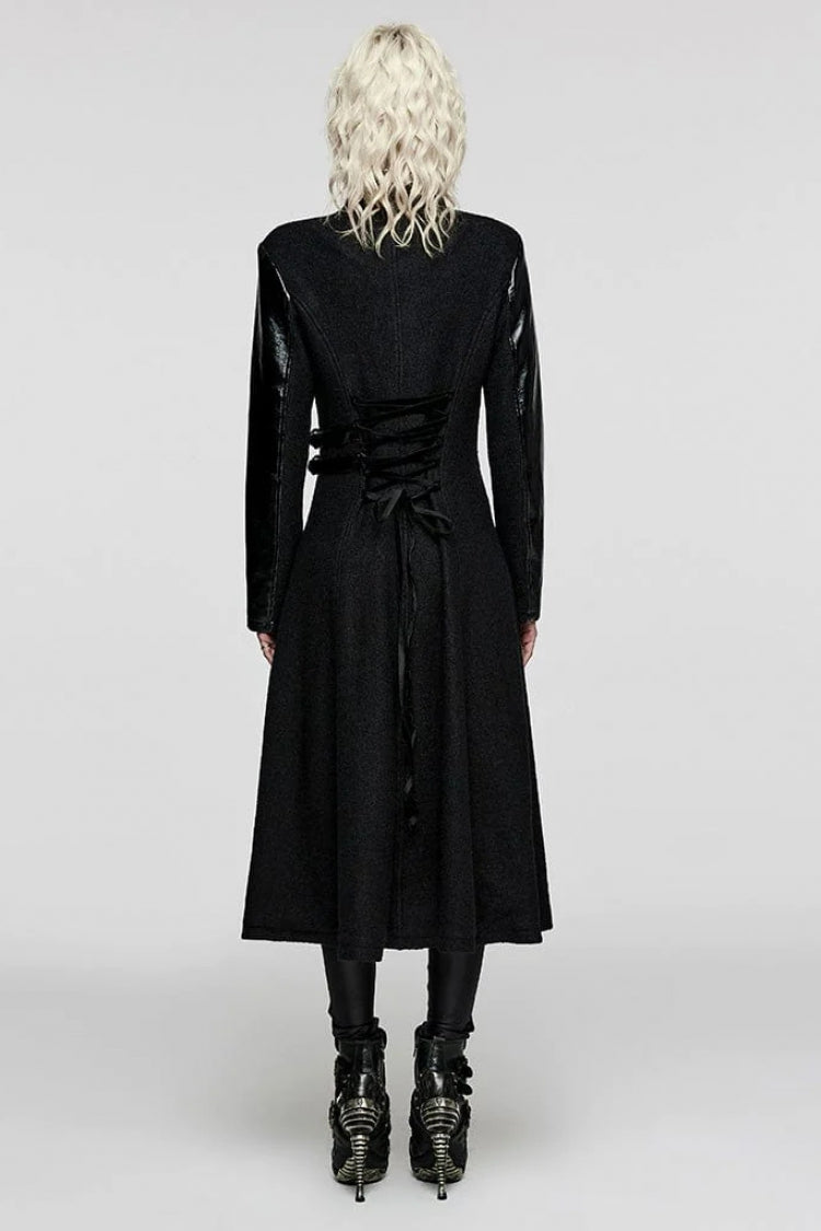 Black Stand Collar Print Faux Leather Stitching Womens Gothic Coat