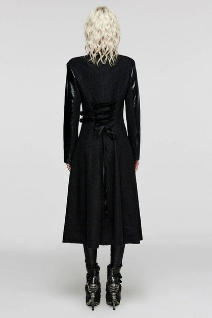 Black Stand Collar Print Faux Leather Stitching Womens Gothic Coat