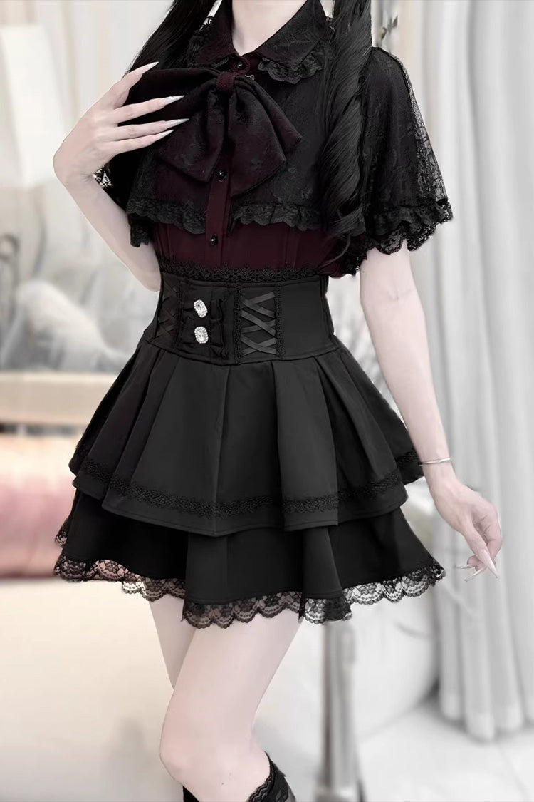 [Dark Moon Shadow] Short Sleeves Double-Layered Ruffled Embroidered Bow Lace-Up Gothic Jirai Kei Lolita Top + Skirt Set