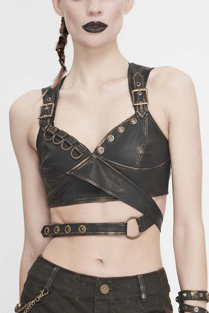 Brown Vintage Hand Wiped Leather Shoulder Loop Backless Lace Up Short Women's Punk Waistcoat