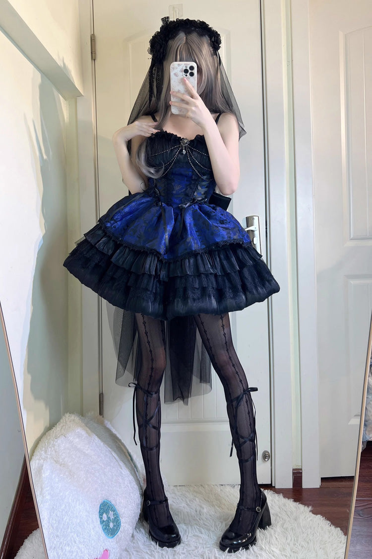 Black/Blue Ancient Dream of the Dark Night Print Ruffle Gothic Lolita Jsk Dress