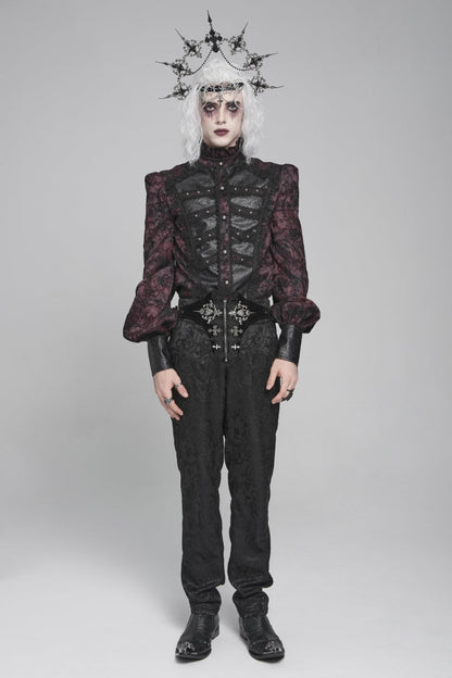 Black/Red Stand Collar Long Lantern Sleeves Floral Print Embroidery Men's Gothic Blouse