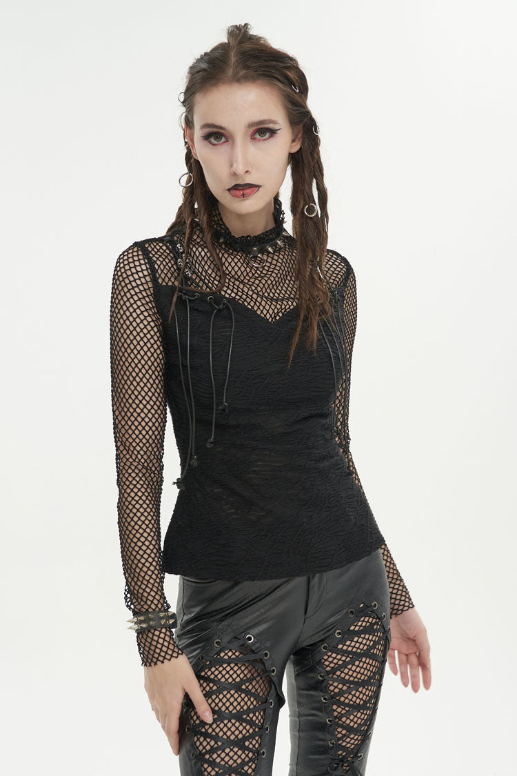 Black Turtleneck Adjustable Faux Suspenders Textured Knit Mesh Women's Punk T-Shirt