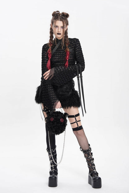 Black Stand Collar Long Sleeves Mesh Buckle Straps Women's Punk Blouse