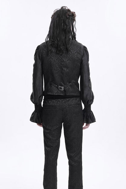 Black Sleeveless Jacquard Chain Buckle-up Men's Gothic Vest