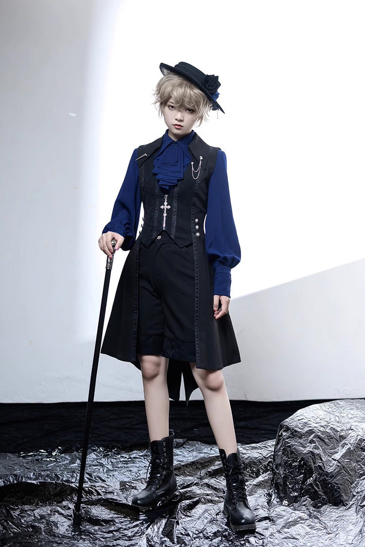 Black/Blue Vintage Medieval Little Prince Ouji Lolita Swallowtail Long Vest