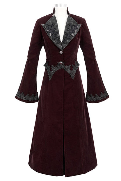 Red Lace Flared Sleeves Velvet Long Womens Gothic Coat