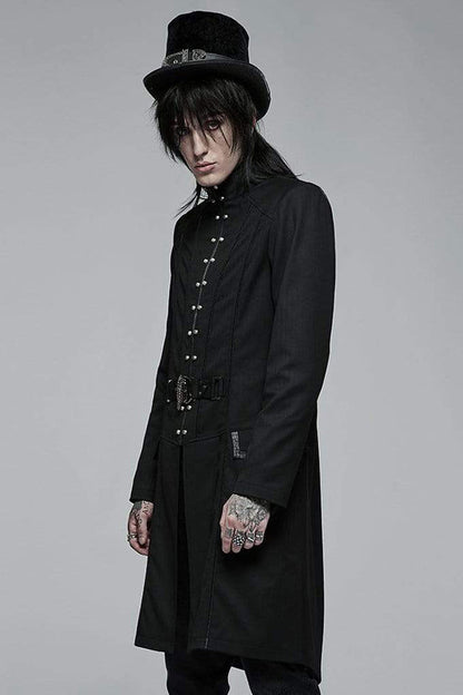 Black Punk Stand Collar Skeleton Embroidery Frenulum Metal Rivet Zippe Slim Fit Mid Length Men's Coat