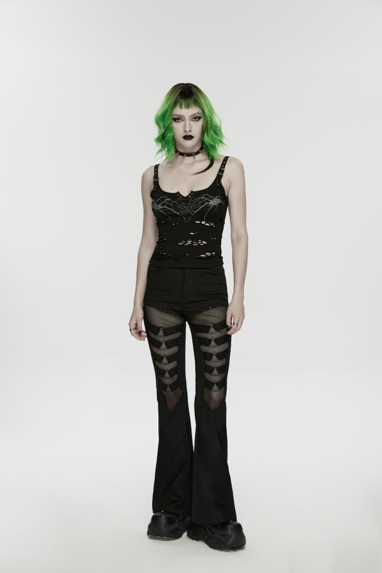 Black Spliced Slim Eyelet Women's Punk Pants