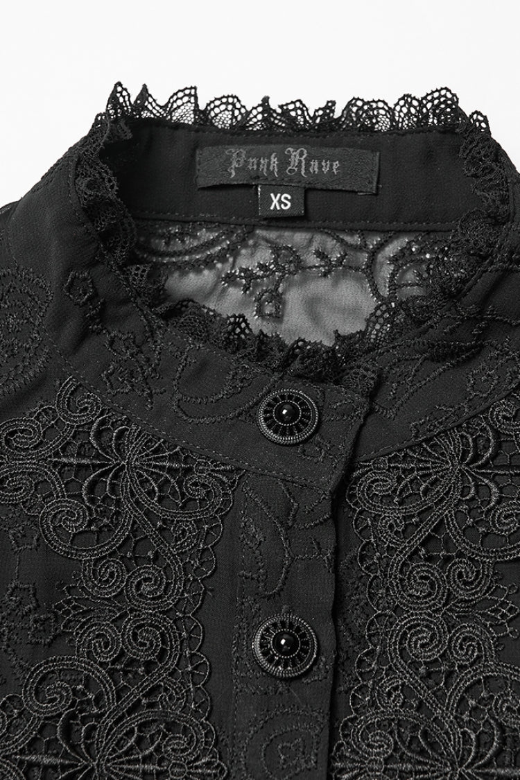 Black Stand Collar Long Puff Sleeves Floral Embroidered Women's Gothic Blouse