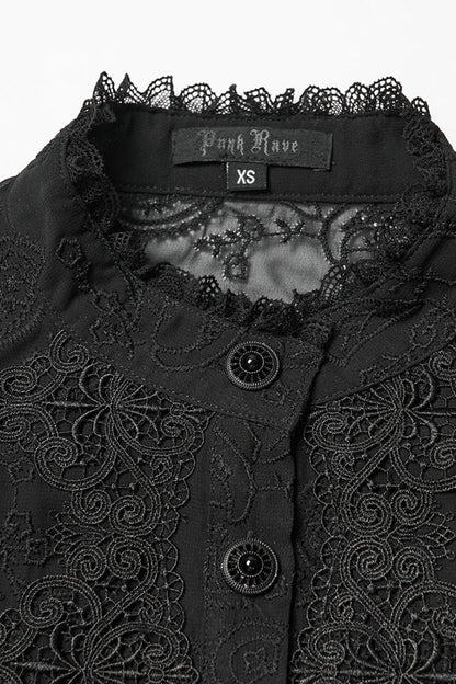 Black Stand Collar Long Puff Sleeves Floral Embroidered Women's Gothic Blouse