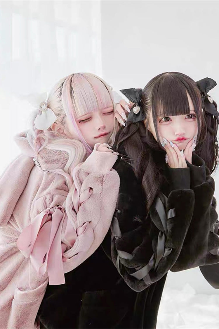 Black Rabbit Ears Long Sleeves Bowknot Lace-Up Hooded Jirai Kei Coat