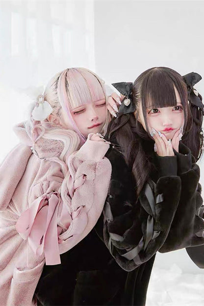 Black Rabbit Ears Long Sleeves Bowknot Lace-Up Hooded Jirai Kei Coat