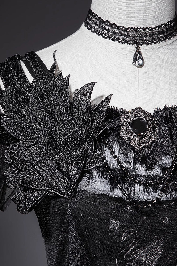 Black [Star Swan Dream] Ruffle Embroidery Bowknot Lace Gothic Lolita Jsk Dress