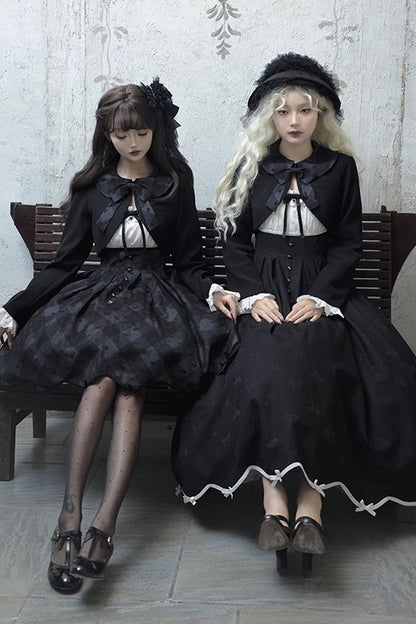 Black [Swan] Short Sleeves Plaid Print Sweet Elegant Princess Lolita Dress Short Version