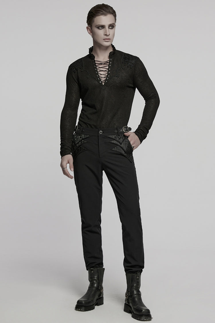 Black V Collar Long Sleeves Jacquard Embroidery Men's Gothic Blouse