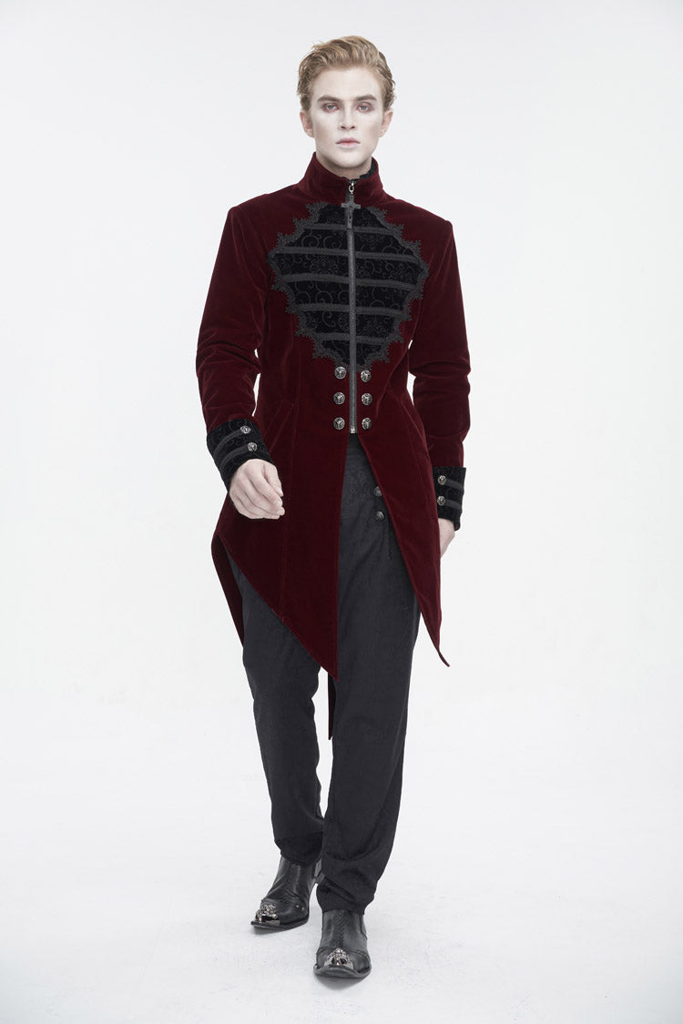 Red Stand Collar Lace Splice Swallow Tailed Men's Gothic Coat
