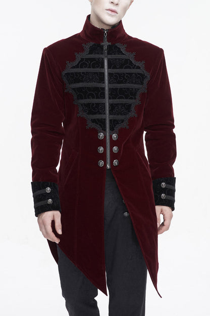 Red Stand Collar Lace Splice Swallow Tailed Men's Gothic Coat
