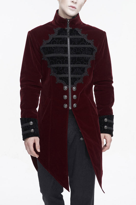 Red Stand Collar Lace Splice Swallow Tailed Men's Gothic Coat