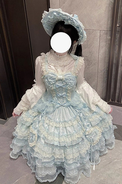 Blue [Sweetheart Diary] Multi-Layered Ruffle Hanayome Embroidery Bowknot Lace Sweet Lolita Jsk Dress