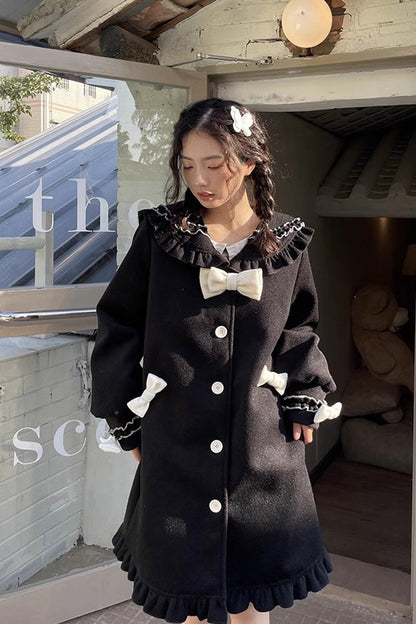 Black [Bouquet Bear] Doll Collar Long Sleeves Ruffle Bowknot Princess Lolita Coat