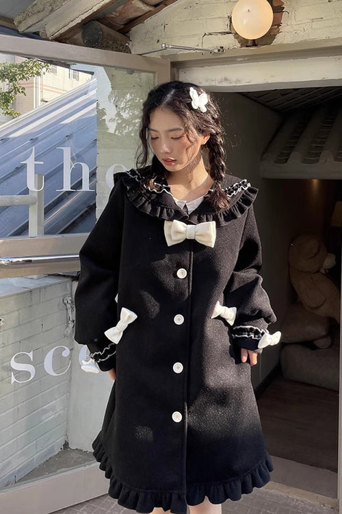 Black [Bouquet Bear] Doll Collar Long Sleeves Ruffle Bowknot Princess Lolita Coat