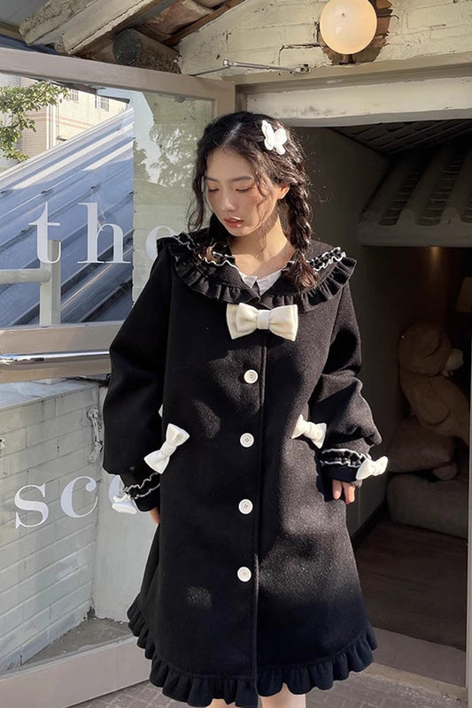 Black [Bouquet Bear] Doll Collar Long Sleeves Ruffle Bowknot Princess Lolita Coat